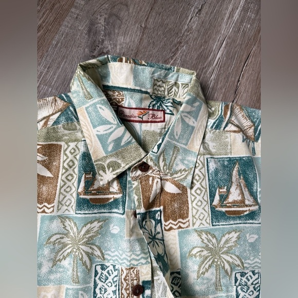 VTG Paradise Blue Hawaiian Shirt Short Sleeve Button Up Blue Brown Beige Size XL - Picture 7 of 9